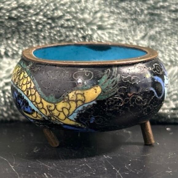 Mini Chinese Cloisonné Dragon Bowl Enamel Metal Art c1800s - Picture 3 of 10